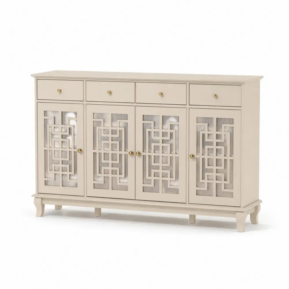 Aufbewahrungsschrank Sideboard mit 4 Türen 4 Schubladen 150 x 40 x 90 cm MDF geriffeltes Glas rechteckig cremeweiß goldfarben
