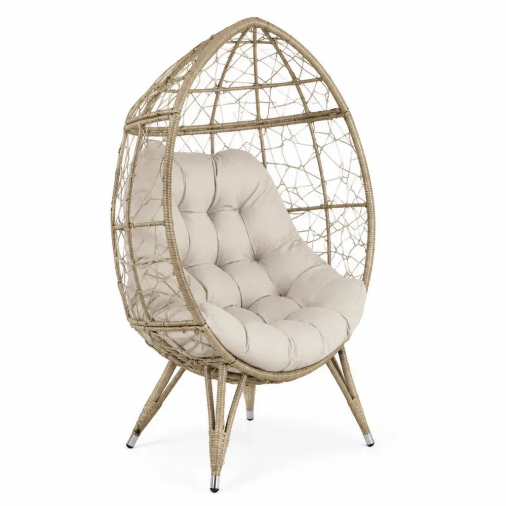Garten Loungesessel Eiersessel 95 x 85 x 150 cm PE-Rattan Polyester Stahl Naturbeige Cremeweiß