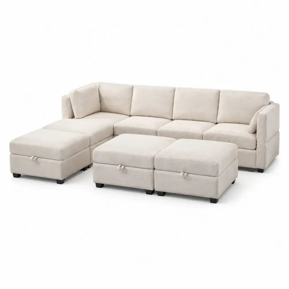 Modulares Ecksofa mit Recamiere links 2 Hockern 5-Sitzer 280 x 165 x 85 cm Polyester-Chenille Sperrholz L-Form beige schwarz