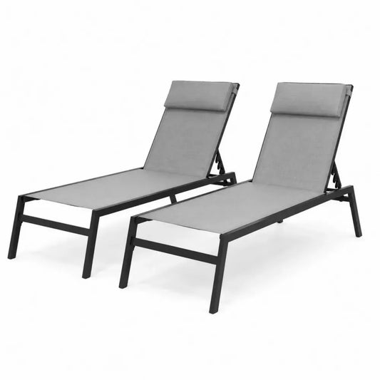 Sonnenliege 2er Set mit verstellbarer Rückenlehne Kopfkissen Aluminiumrahmen PVC-beschichtetes Polyestergewebe rechteckig Grau Schwarz 198 x 65 x 95 cm