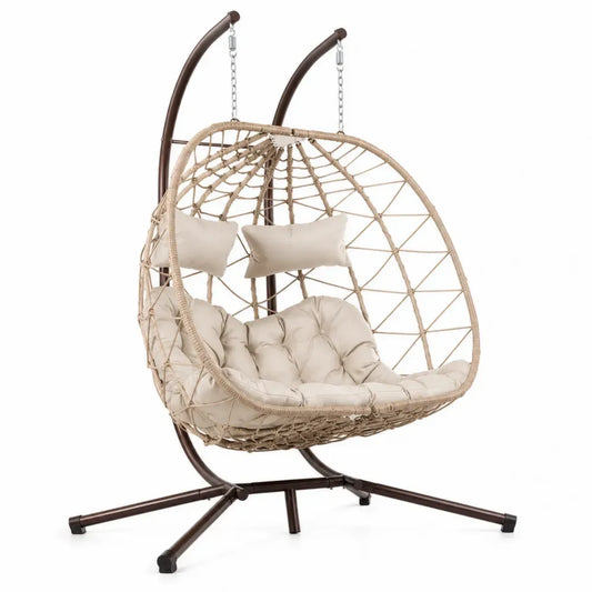 Doppel-Hängesessel mit Gestell ovalem Sitzkorb Stahl PE-Rattan Polyester Beige Dunkelbraun 135 x 120 x 200 cm