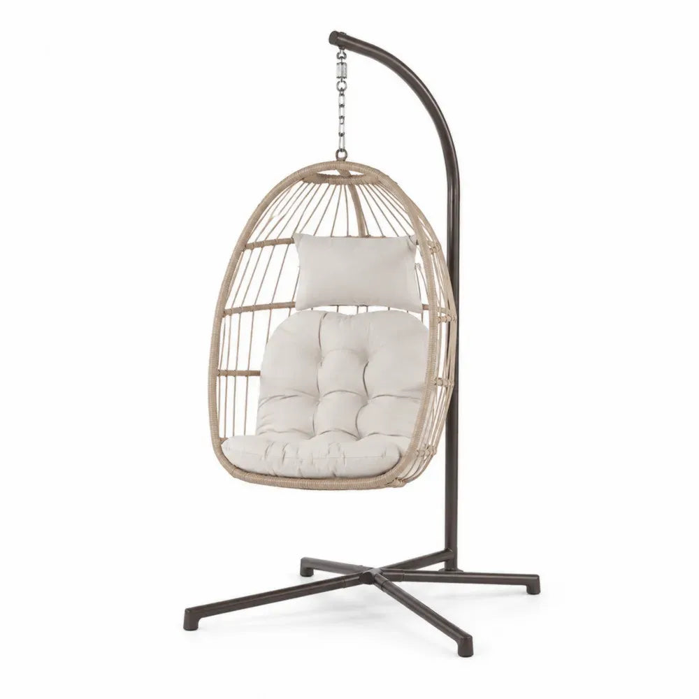 Hängesessel mit Gestell und Polster 105 x 105 x 195 cm PE-Rattan Polyester Stahl Naturbeige Cremeweiß Dunkelbraun