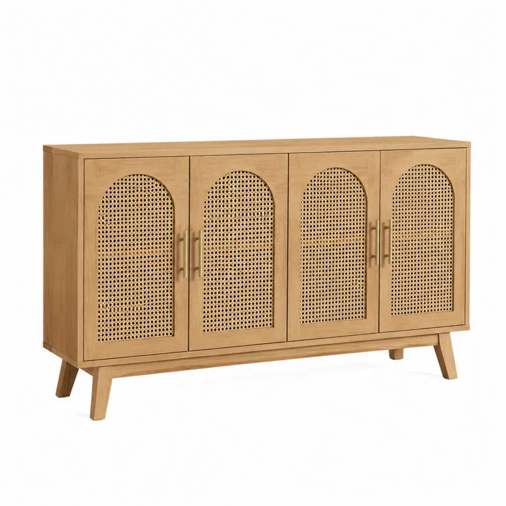 Aufbewahrungsschrank Sideboard mit 4 Türen 150 x 40 x 80 cm MDF Eichenfurnier Rattangeflecht rechteckig natur beige messingfarben