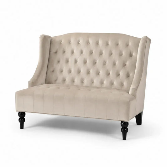 2-Sitzer Sofa mit Armlehnen Knopfheftung Polyester-Samt Gummibaum-Massivholz rechteckig Beige Schwarz 140 x 75 x 105 cm