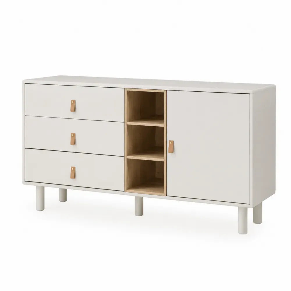 Sideboard Aufbewahrungsschrank mit 3 Schubladen 1 Tür 3 offenen Fächern MDF Spanplatte Weiß Eiche hell Cognac 140 x 40 x 78 cm