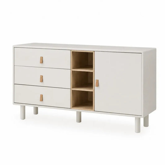 Sideboard Aufbewahrungsschrank mit 3 Schubladen 1 Tür 3 offenen Fächern MDF Spanplatte Weiß Eiche hell Cognac 140 x 40 x 78 cm