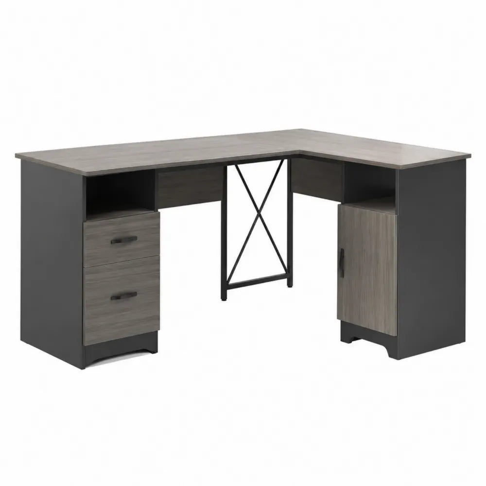 Eckschreibtisch mit 2 Schubladen und 1 Tür 140 x 120 x 75 cm melaminbeschichtete Spanplatte Stahl L Form grau dunkelgrau schwarz