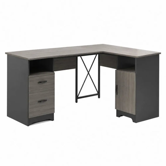 Eckschreibtisch mit 2 Schubladen und 1 Tür 140 x 120 x 75 cm melaminbeschichtete Spanplatte Stahl L Form grau dunkelgrau schwarz