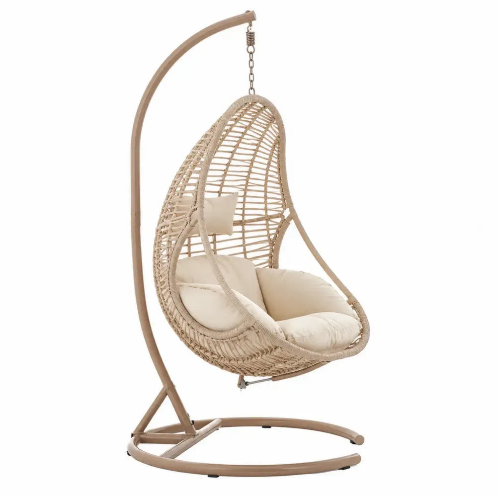 Hängesessel mit Gestell 105 x 105 x 195 cm PE-Rattan Polyester Stahl Tropfenform Beige Cremeweiß