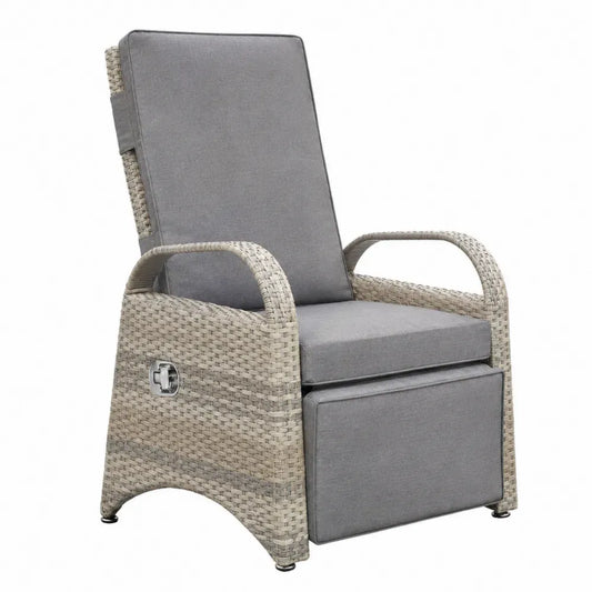Gartenliegestuhl Relaxstuhl mit verstellbarer Rückenlehne Fußstütze PE-Rattan Polyester Stahl Hellgrau Dunkelgrau Silberfarben Schwarz 72 x 90 x 106 cm