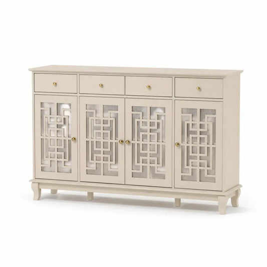 Aufbewahrungsschrank Sideboard mit 4 Türen 4 Schubladen 150 x 40 x 90 cm MDF geriffeltes Glas rechteckig cremeweiß goldfarben