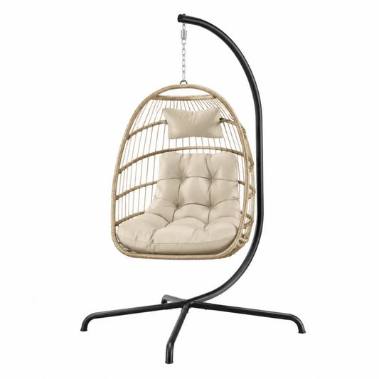 Hängesessel mit Gestell ovaler Sitzkorb PE-Rattan Stahl Polyester Naturbeige Cremeweiß Schwarz 105 x 105 x 195 cm