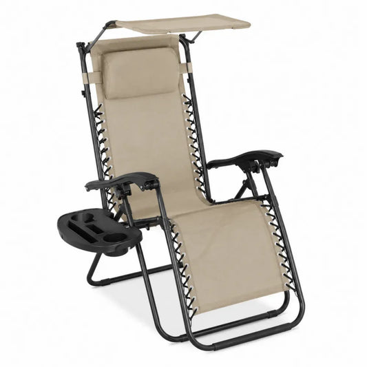 Gartenliege Relaxliege klappbar mit Sonnendach und Getränkehalter 165 x 73 x 110 cm pulverbeschichteter Stahl Polyester Beige Schwarz