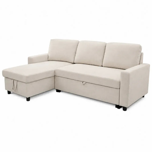 Ecksofa mit Schlaffunktion Bettkasten linksseitiger Ottomane L-Form Polyester-Flachgewebe Beige Schwarz 230 x 150 x 86 cm