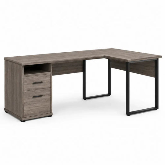 Eckschreibtisch mit 2 Schubladen und Ablage 140 x 120 x 75 cm Spanplatte Stahl L-förmig Graubraun Schwarz